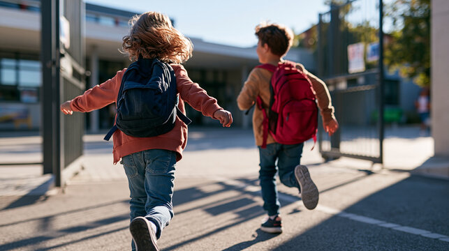Two children are running away from the camera toward an open school entrance gate on a bright sunny morning, both wearing backpacks with one child slightly ahead, arms pumping natu