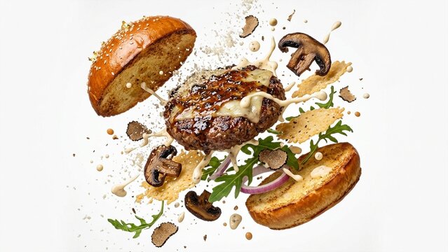Truffle beef burger ingredients levitating in midair against a white background studio macro style