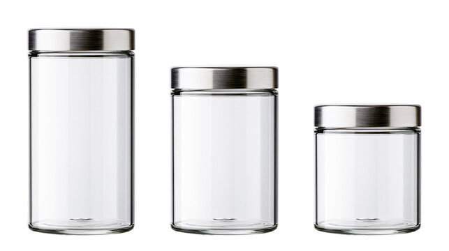 Three clear glass jars with brushed metal lids in different sizes