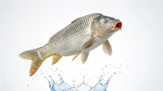 A silver carp fish jumping out of the water with splashes illustration