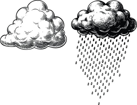 Vintage weather woodcut icons with sun clouds and rain drops.