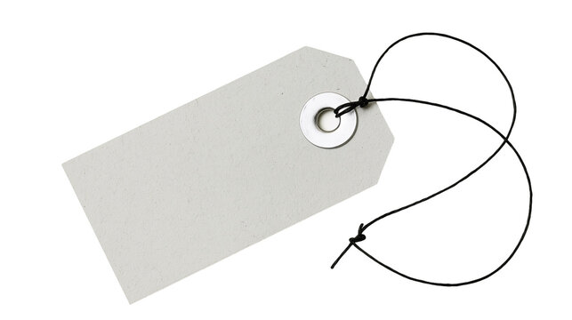 Blank light gray paper tag with black string and metal eyelet