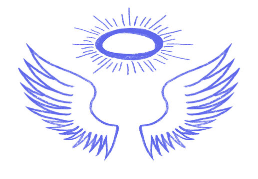 Minimalist blue line art angel wings and  illustration in Y2K style.