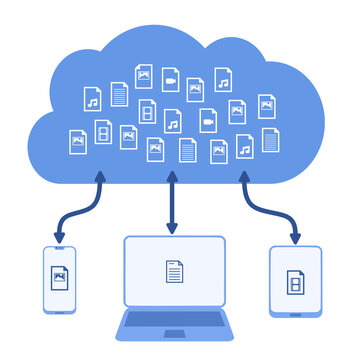 Cloud storage for multimedia. Online cloud sync concept. Transparent PNG object.