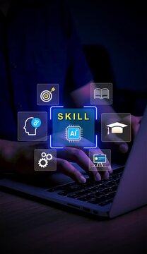 Businessman using laptop with AI skill development interface for online learning, digital education, career growth, workforce training and smart technology improvement in modern business.