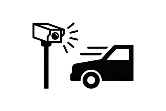 Speed camera icon capturing a moving car. Traffic enforcement sensor monitoring vehicle speed.