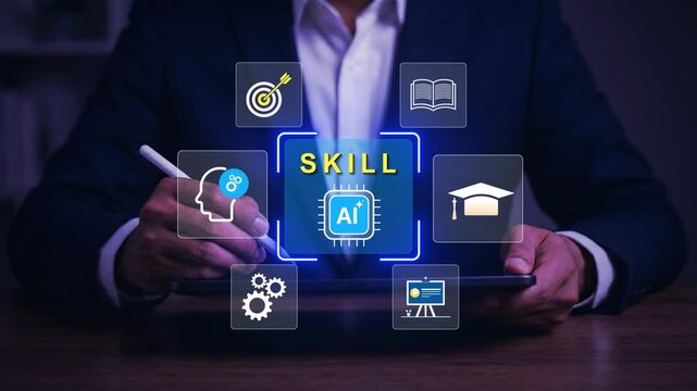 Businessman using laptop with AI skill development interface for online learning, digital education, career growth, workforce training and smart technology improvement in modern business.