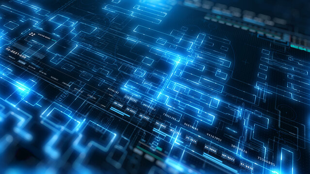 Network Connections in Data Center. Software Source Code and Big Data Linked in Virtual Cyberspace. Futuristic Digital Grid Illustration Background.