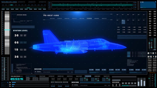 Futuristic Military Jet Wireframe on Tactical Heads-Up Display Interface with Real-Time Flight Metrics and Data Analytics Dashboard 3D Rendering Illustration.