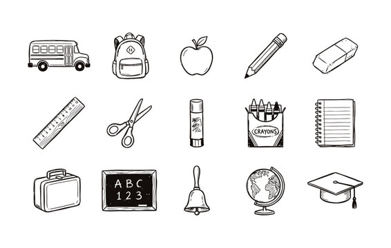 Back to school and education icon collection showcasing classroom supplies learning tools student accessories and academic symbols