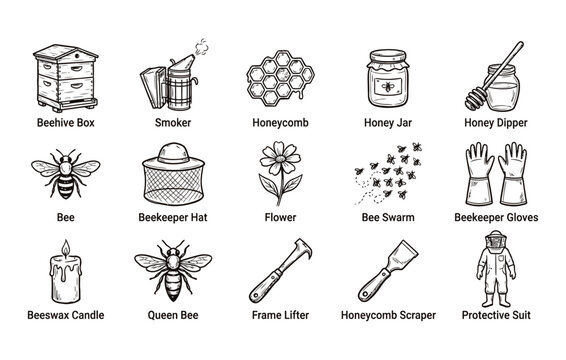 Beekeeping and honey production icon collection showcasing apiary equipment bee symbols honey making tools and hive accessories