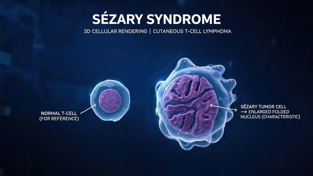 Deep navy background labeled 3D scientific render for S&eacute;zary Syndrome, comparative view of abnormal malignant S&eacute;zary cell with cerebriform nucleus and healthy regular normal T-cell hematopathology edu