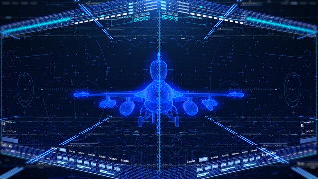 Futuristic AI Technology Displaying Holographic 3D Rendering Wireframe Blueprint of Autonomous Jet Fighter. Aircraft Identification, Radar Scanning Interface, and HUD Missile Analyze Illustration.