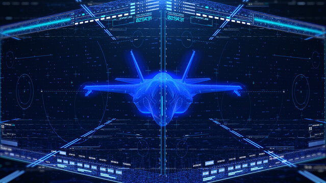 Futuristic Military Jet Wireframe on Tactical Heads-Up Display Interface with Real-Time Flight Metrics and Data Analytics Dashboard 3D Rendering Illustration.