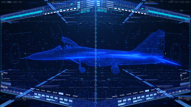 Futuristic AI Technology Displaying Holographic 3D Rendering Wireframe Blueprint of Autonomous Jet Fighter. Aircraft Identification, Radar Scanning Interface, and HUD Missile Analyze Illustration.