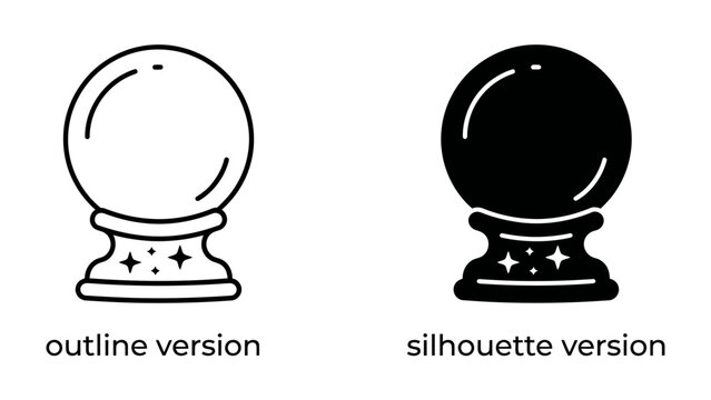 Crystal Ball Icons: A pair of crystal ball icons, one outlined and the other a silhouette, resting on a decorative stand adorned with stars. Represents fortune telling, magic, and mystery.