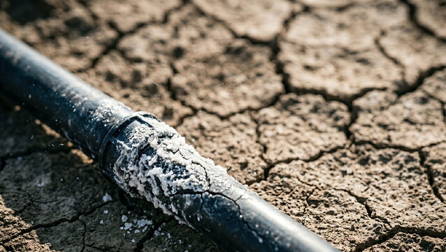 Drought-affected irrigation pipe with salt deposits on cracked dry earth, symbolizing water scarcity and agricultural challenges.