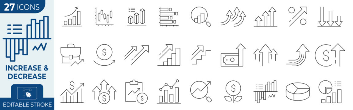 Business data icons set of 27 line symbols, financial increase and decrease charts, growth and loss analytics graphics for corporate reports