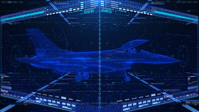 Futuristic Military Jet Wireframe on Tactical Heads-Up Display Interface with Real-Time Flight Metrics and Data Analytics Dashboard 3D Rendering Illustration.