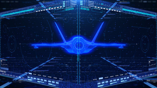 Futuristic Military Jet Wireframe on Tactical Heads-Up Display Interface with Real-Time Flight Metrics and Data Analytics Dashboard 3D Rendering Illustration.