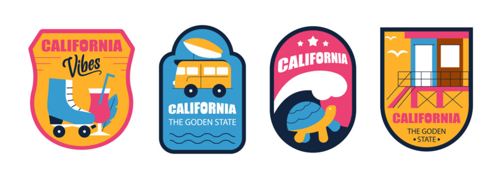 California Retro Badge Set, Geometric Flat Design Stickers, Patches and Labels. Graphic elements