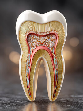 Detailed cross section of healthy human tooth showcases its anatomy, including enamel, dentin, pulp, and nerves, highlighting dental health and structure