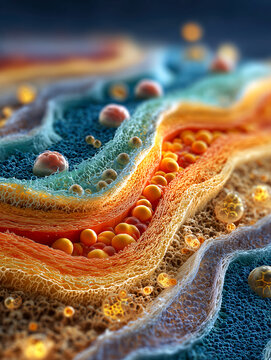 Highly detailed, colorful illustration of magnified cross section of human skin, showcasing layers and cells in vibrant hues. image highlights intricate structure of integumentary system