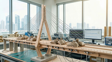 Fototapeta premium Bridge model undergoing load testing with weights and sensors in engineering laboratory, data screens visible for structural research and development.