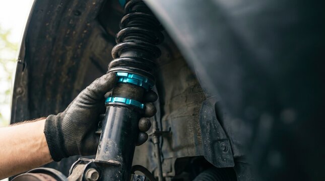 Automotive suspension coilover adjustment by gloved mechanic hand in workshop, vehicle maintenance and performance tuning.