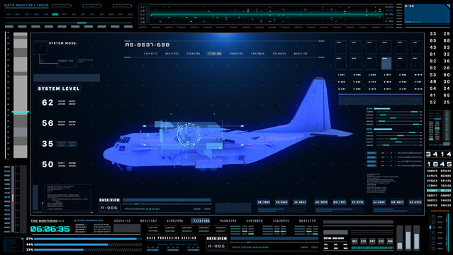 Technology futuristic military jet wireframe on tactical Heads-Up Display interface with data scanning analysis dashboard 3D rendering illustration.