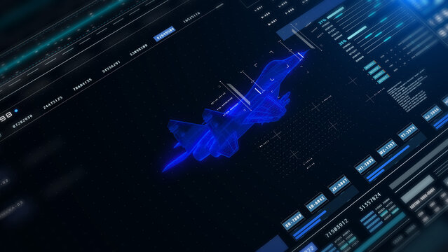 Futuristic Military Jet Wireframe on Tactical Heads-Up Display Interface with Real-Time Flight Metrics and Data Analytics Dashboard Horizontal Land Scape View 3D Rendering Illustration.