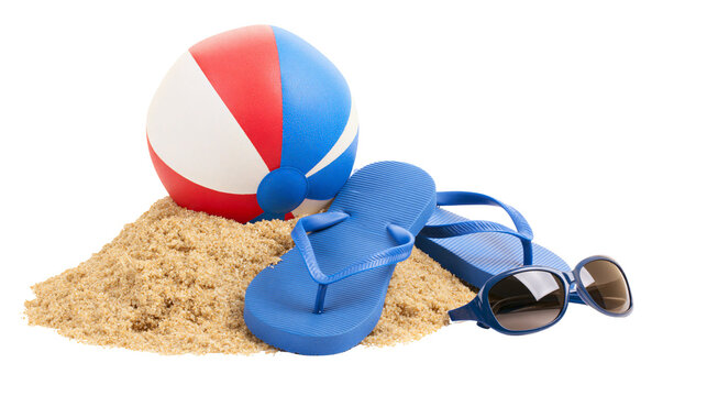 Beach ball flip-flops, and sunglasses on sand