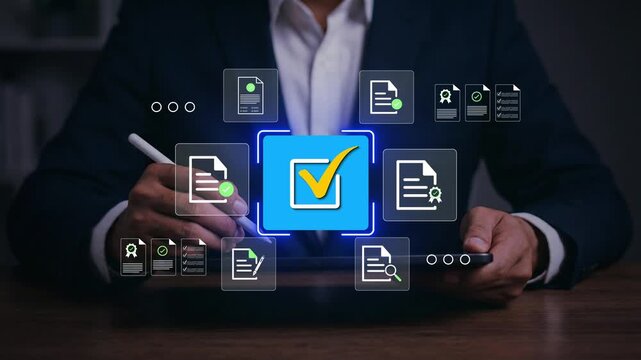 Approved document icon on digital documents for approve business project proposals. Quality assurance and online evaluation of business concept.