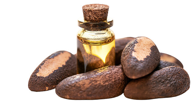 Brazil nuts and amber oil in glass bottle with cork stopper