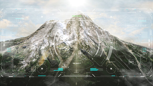Digital HUD display showing drone tracking data over snow mountain with UI scanning interface military weapon 3D rendering illustration