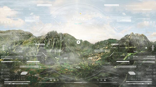 HUD futuristic aerial view science fiction landscape flying over mountain with UI scanning interface military weapon 3D rendering illustration