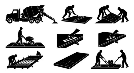 Obraz premium Construction Icons Set: Cement Mixer Truck, Workers Pouring Concrete, Tamping, Leveling, and Finishing Surfaces for Building Projects