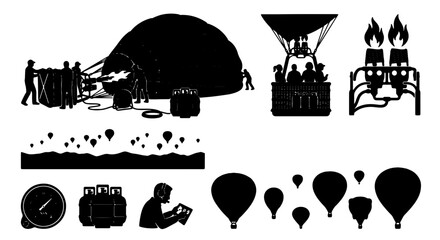 Hot Air Balloon Set: Inflation, Flight, Equipment, and Travel Icons. Silhouette Vector Graphics for Adventure and Aviation Themes. © Maruf