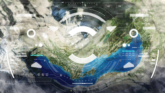 HUD digital panel interface aerial view flying through explore forest on sun shine behind the mountain landscape or perspective view with automatic tracking system 3D rendering illustration