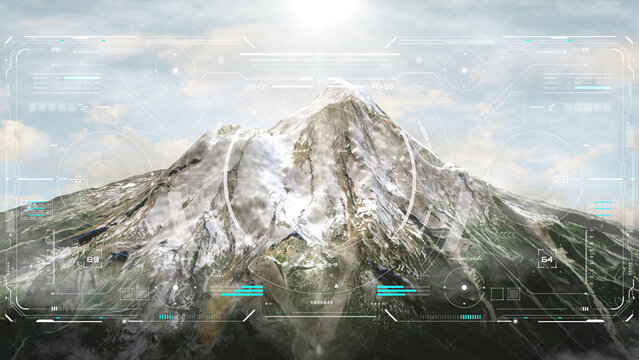Digital HUD display showing drone tracking data over snow mountain with UI scanning interface military weapon 3D rendering illustration