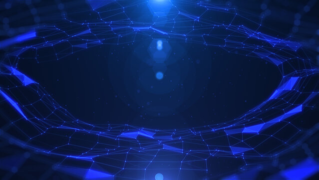 Digital tunnel low poly network glowing illustration background.