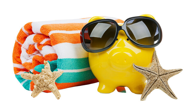 Yellow piggy bank wearing sunglasses with beach towel and starfish