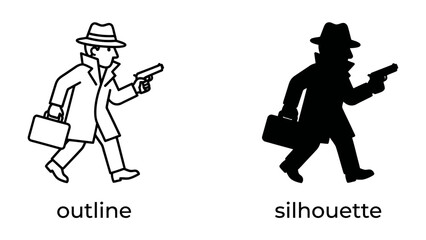 Detective Duo: A mystery unfolds with a detective depicted in both outline and silhouette, holding a pistol and briefcase, ready for action.