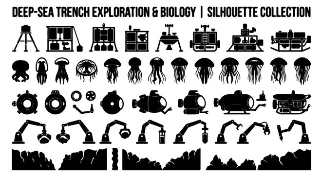 Deep-Sea Trench Exploration & Biology Silhouette Collection: Submersibles, Robotics, Marine Life, and Geological Formations for Scientific and Educational Projects