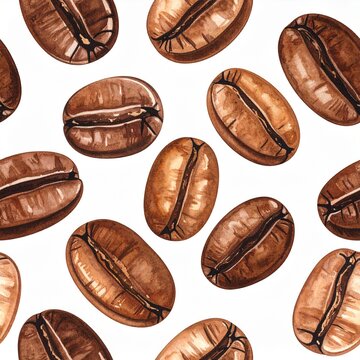 Watercolor roasted coffee bean seamless pattern with glossy highlights and a dense layout