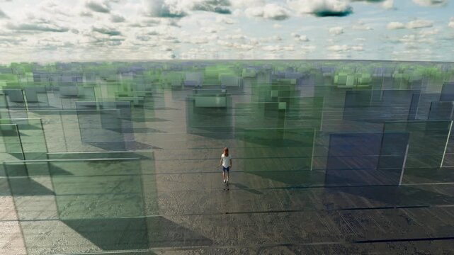 3D rendered animation of a woman navigating a labyrinth of transparent barriers in a surreal landscape.