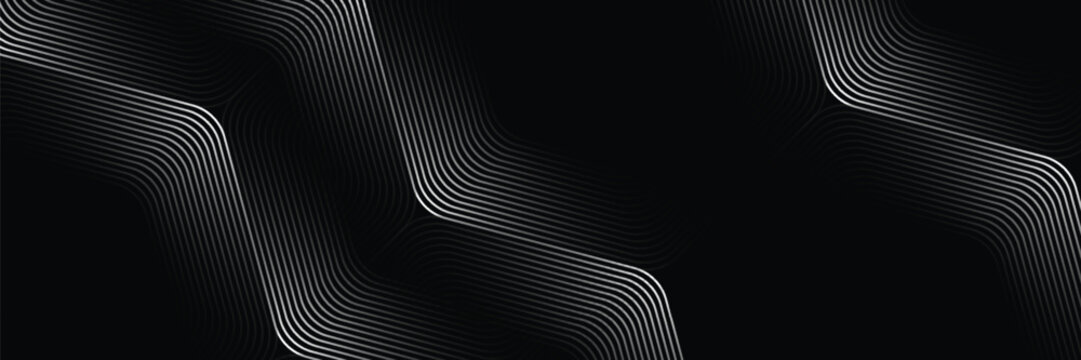 Abstract dark black background with white glowing curved parallel lines circuit pattern. Futuristic modern technology geometric wave lines vector illustration graphic design asset.