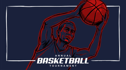 Victory begins with team spirit. Poster design for sports event and annual tournament. Basketball player shooting ball illustration. Sketch art style with navy blue background vector. © m gusafif