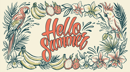 Hello summer vibe for holiday greeting. Tropic illustration for poster and apparel print. Exotic macaw parrot and cockatoo with dragon fruit and banana. Retro hand drawn vintage sketch style artwork. © m gusafif