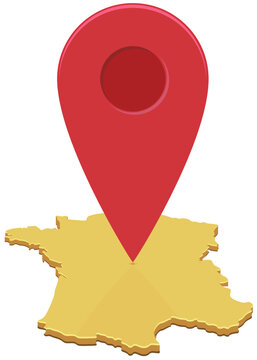 3D isometric map of France with a large red pin pointer indicating geographical location, tourism destination, navigation route, and logistics tracking (cut out)